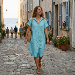 Linnen blouse lang turquoise