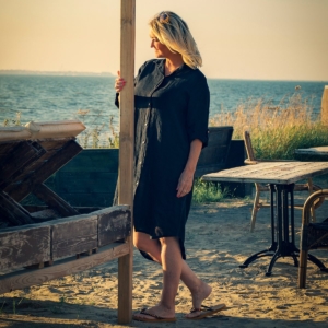 Linnen blouse lang lange mouw donker blauw