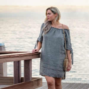 Linnen tuniek met elastische boord taupe