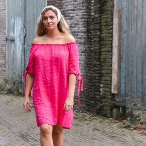 Linnen tuniek met elastische boord fuchsia