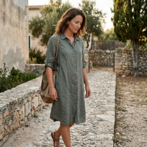 Linnen blouse lang lange mouw khaki