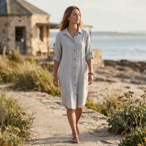 Linnen blouse lang lange mouw licht grijs