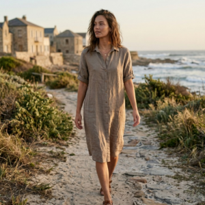 Linnen blouse lang lange mouw taupe