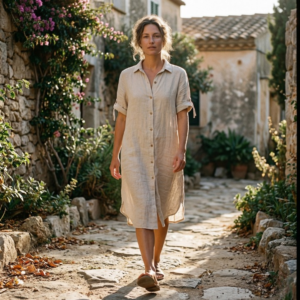 Linnen blouse lang lange mouw beige