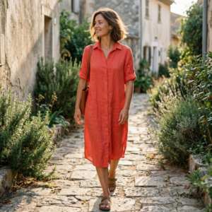 Linnen blouse lang lange mouw koraal