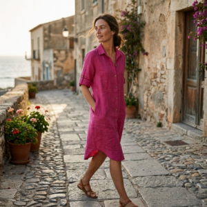 Linnen blouse lang met lange mouwen - Fuchsia