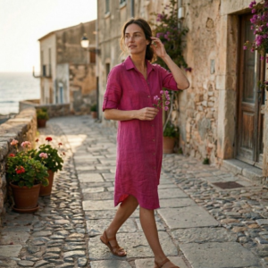 Linnen blouse lang met lange mouwen - Fuchsia