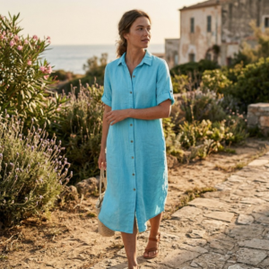 Linnen blouse lang lange mouw turquoise