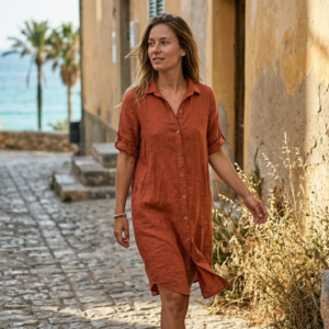 Linnen blouse lang lange mouw steenrood