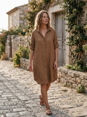 Linnen blouse lang met lange mouwen - Camel