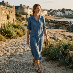 Linnen blouse lang met lange mouwen - Jeansblauw