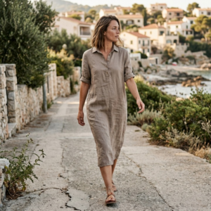 Linnen jurk met kraag - Khaki