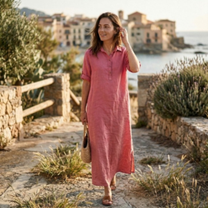 Linnen jurk met kraag - Oud Roze