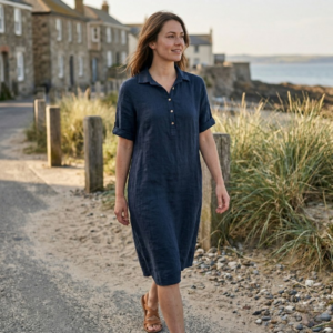 Linnen jurk met kraag - Donker Blauw
