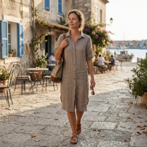 Linnen jurk met kraag - Khaki