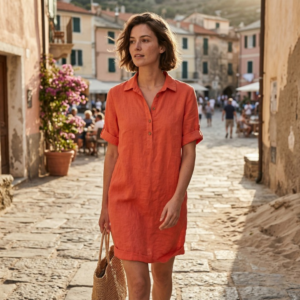 Linnen jurk met kraag - Rood