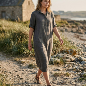 Linnen jurk met kraag – Donker Grijs
