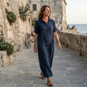 Linnen jurk met kraag - Donker Blauw