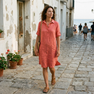 Linnen jurk met kraag - Koraal