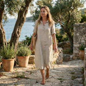 Linnen jurk met kraag - Beige