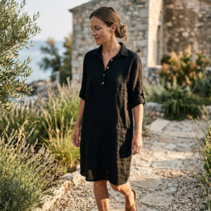 Linnen jurk met kraag – Zwart