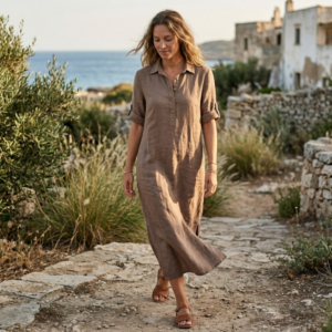 Linnen jurk met kraag - Taupe