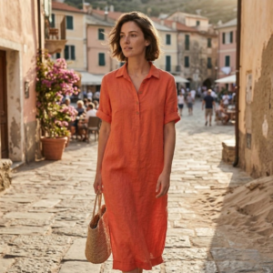 Linnen jurk met kraag - Rood