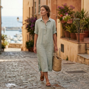 Linnen jurk met kraag – Licht Grijs