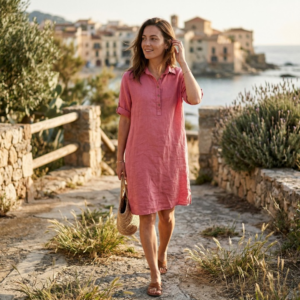 Linnen jurk met kraag - Oud Roze