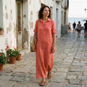 Linnen jurk met kraag - Koraal