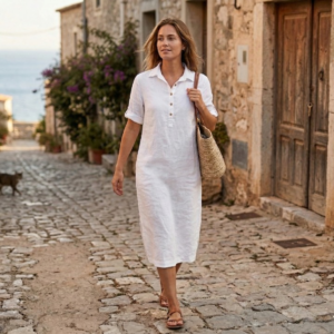 Linnen jurk met kraag - Wit