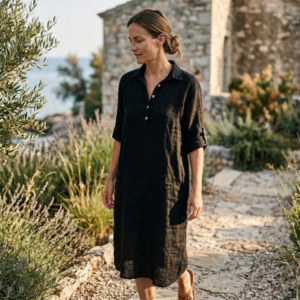 Linnen jurk met kraag – Zwart