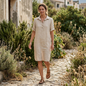 Linnen jurk met kraag - Beige