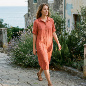 Linnen jurk met kraag - Koraal